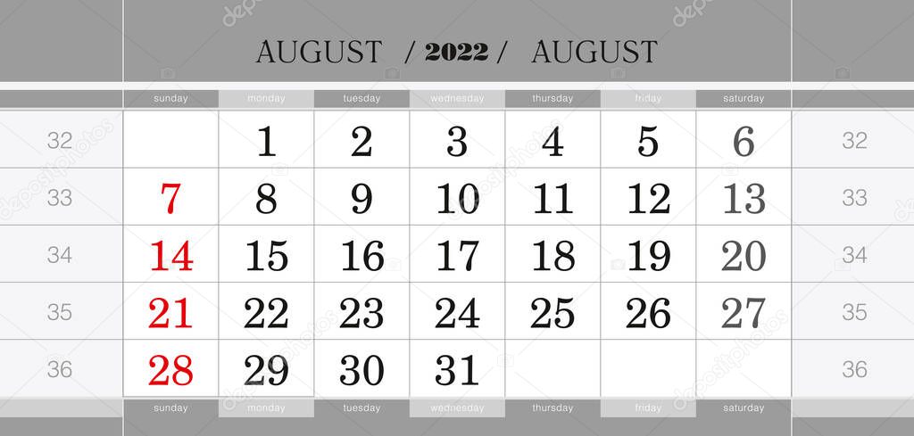 August 2022 quarterly calendar block. Wall calendar in English, week starts from Sunday.