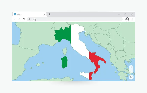 带有意大利地图的浏览器窗口 在互联网上搜索意大利 — 图库矢量图片