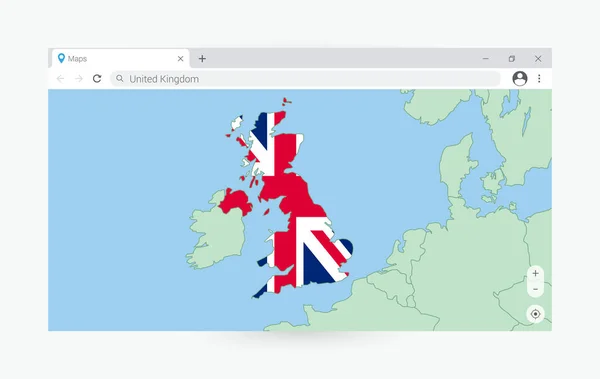 带有联合王国地图的浏览器窗口 在因特网上搜索联合王国 — 图库矢量图片