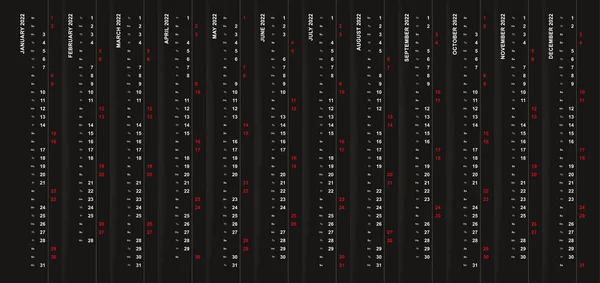 Calendario Verticale 2022 Sfondo Nero Sabato Domenica Selezionati Diverse Righe — Vettoriale Stock