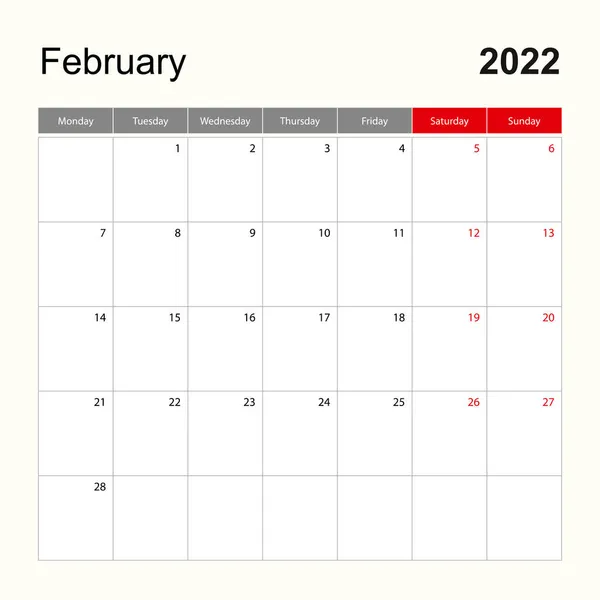 Plantilla Calendario Pared Para Febrero 2022 Planificador Vacaciones Eventos Semana — Archivo Imágenes Vectoriales