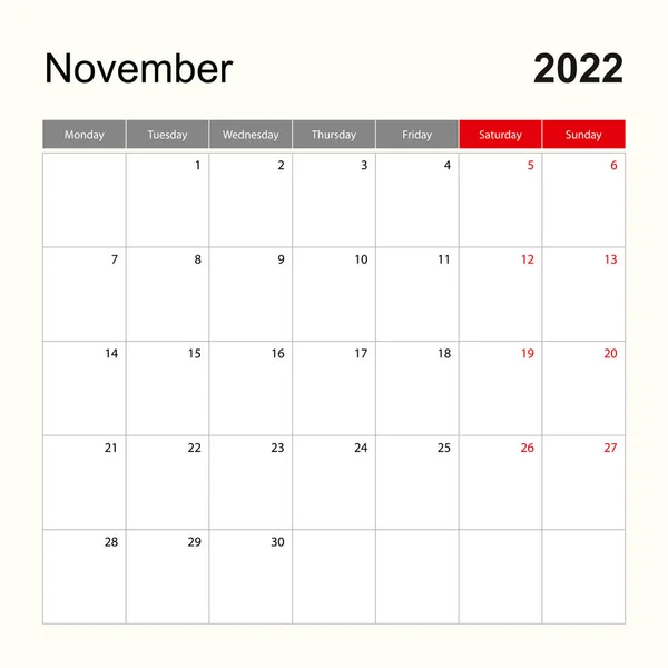 Modelo Calendário Parede Para Novembro 2022 Planejador Férias Eventos Semana — Vetor de Stock