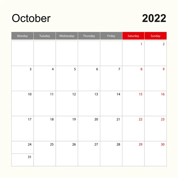 Wall Calendar Template October 2022 Holiday Event Planner Week Starts — Stock Vector