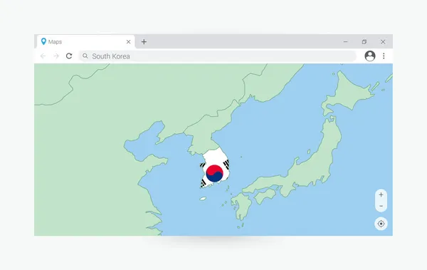 韓国の地図でブラウザウィンドウ インターネットで韓国を検索 — ストックベクタ