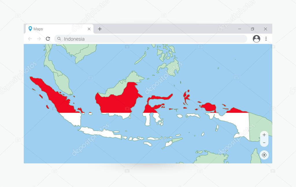 Browser window with map of Indonesia, searching  Indonesia in internet.