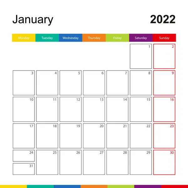 Janeiro 2022 Calendário Parede Colorido Semana Começa Segunda Feira — Vetor de Stock