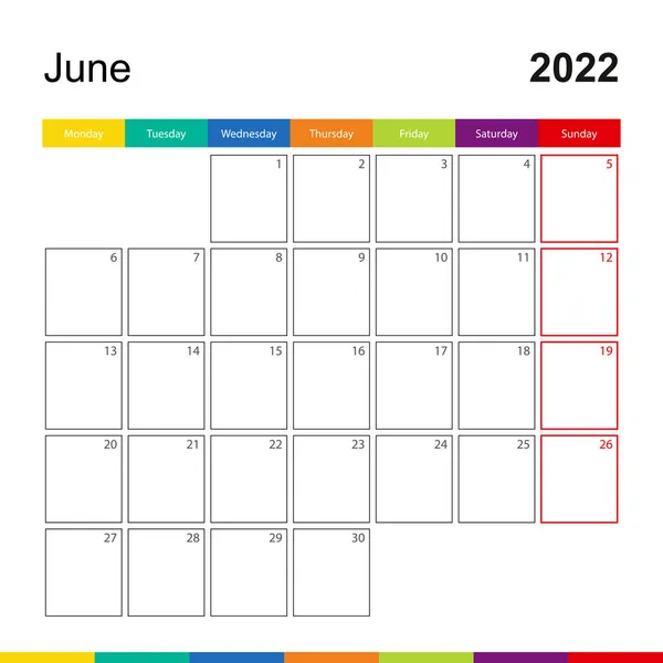 Junho 2022 Calendário Parede Colorido Semana Começa Segunda Feira —  Vetores de Stock