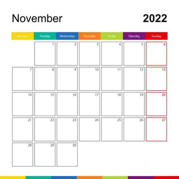 Noviembre 2022 Calendario Pared Colorido Semana Comienza Lunes — Vector de stock