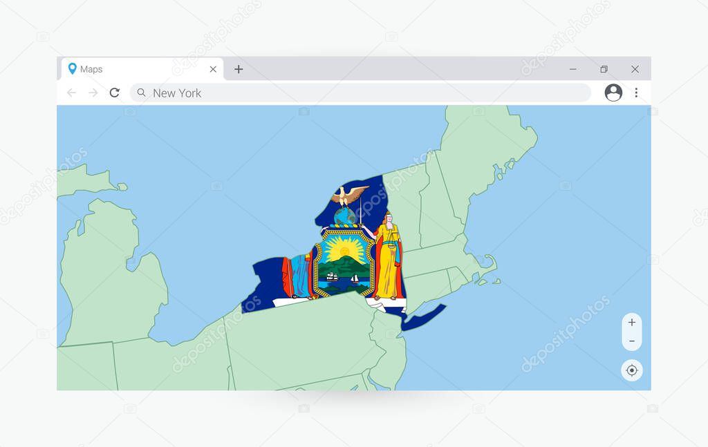 Browser window with map of New York, searching  New York in internet.