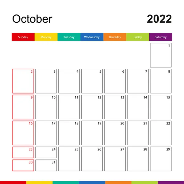 Octubre 2022 Calendario Colorido Pared Semana Comienza Domingo — Vector de stock
