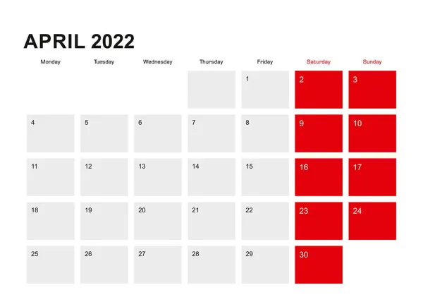 2022 Nisan Planlama Takvimi Tasarımı Hafta Pazartesiden Itibaren Başlıyor — Stok Vektör