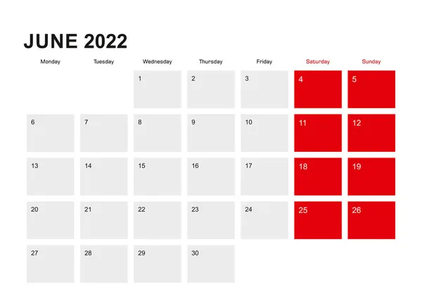 2022 Haziran Takvim Tasarımı Hafta Pazartesiden Itibaren Başlıyor — Stok Vektör