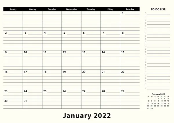 Enero 2022 Mensual Business Desk Pad Calendar — Vector de stock
