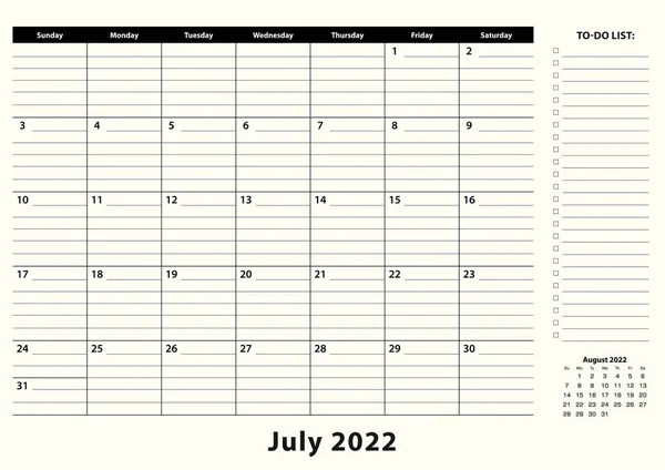 Julio 2022 Mensual Business Desk Pad Calendar — Vector de stock