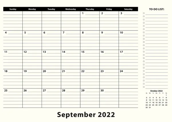 Septiembre 2022 Mensual Business Desk Pad Calendar — Vector de stock