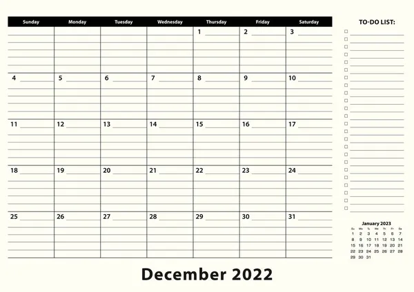 Diciembre 2022 Mensual Business Desk Pad Calendar — Vector de stock