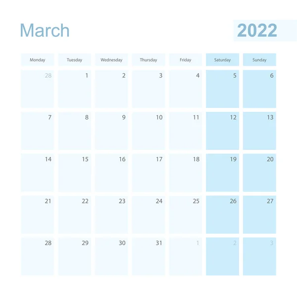 2022 월요일에 시작되는 파란색 파스텔 플래너 — 스톡 벡터
