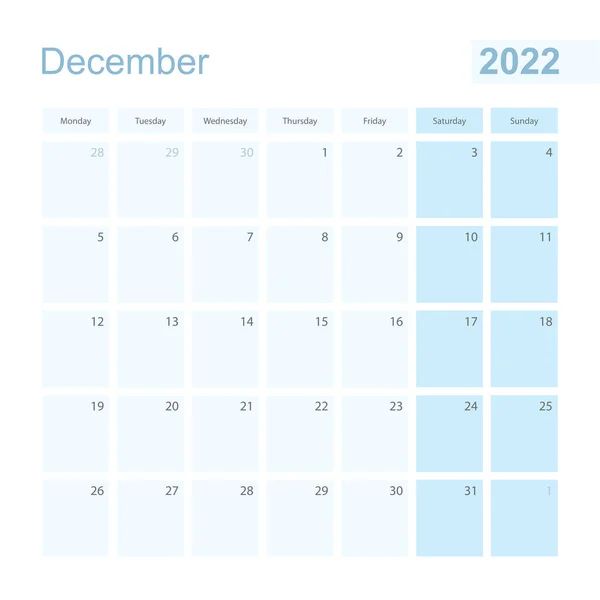 2022 Aralık Mavi Pastel Renkli Duvar Planlayıcısı Hafta Pazartesi Başlıyor — Stok Vektör