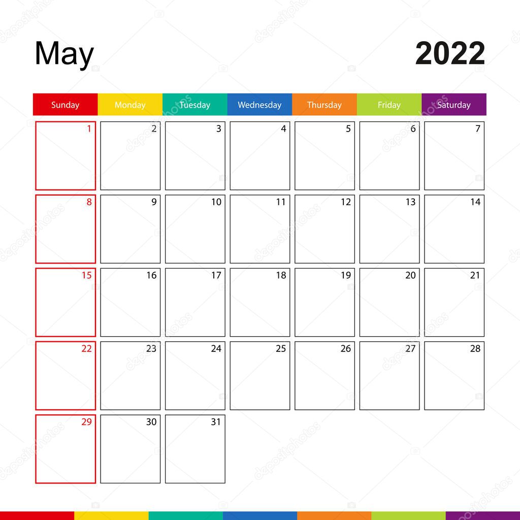 May 2022 colorful wall calendar, week starts on Sunday.