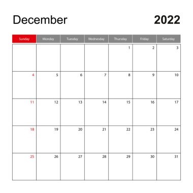 Aralık 2022 için duvar takvimi şablonu. Tatil ve etkinlik planlayıcısı, hafta pazar günü başlıyor..
