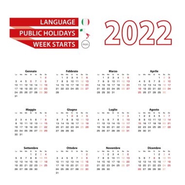 2022 yılında İtalya 'da resmi tatillerle birlikte İtalyanca 2022 takvimi.
