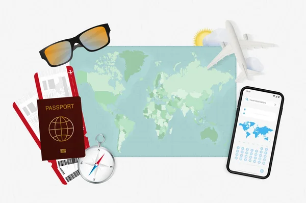 Karta Över Världen Grönt Med Mobiltelefon Pass Flygbiljetter Solglasögon Etc — Stock vektor