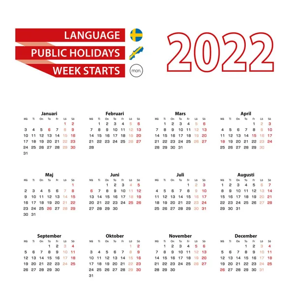 Ημερολόγιο 2022 Στη Σουηδική Γλώσσα Αργίες Χώρα Της Σουηδίας Έτος — Διανυσματικό Αρχείο