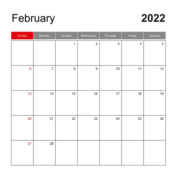 Şubat 2022 Için Duvar Takvimi Şablonu Tatil Etkinlik Planlayıcısı Hafta — Stok Vektör