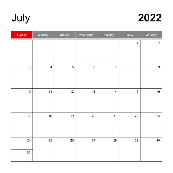 2022年7月のウォールカレンダーテンプレート 休日とイベントプランナー 週は日曜日に始まります — ストックベクタ