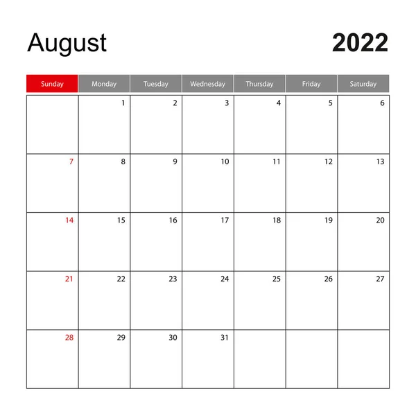 2022年8月のウォールカレンダーテンプレート 休日とイベントプランナー 週は日曜日に始まります — ストックベクタ