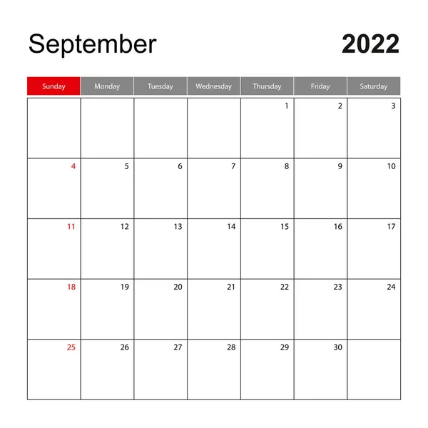 Wall Calendar Template September 2022 Holiday Event Planner Week Starts — Stock Vector