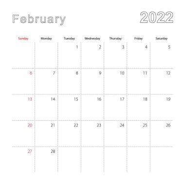 Şubat 2022 için noktalı çizgileri olan basit bir takvim. Takvim İngilizce, haftaya pazar günü başlıyor..
