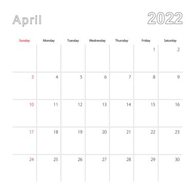 Nisan 2022 için noktalı çizgileri olan basit bir takvim. Takvim İngilizce, haftaya pazar günü başlıyor..