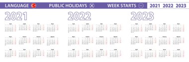 Simple calendar template in Turkish for 2021, 2022, 2023 years. Week starts from Monday. clipart