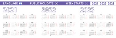 2021, 2022 ve 2023 yılları için İbranice basit takvim şablonu. Hafta pazartesiden itibaren başlıyor.