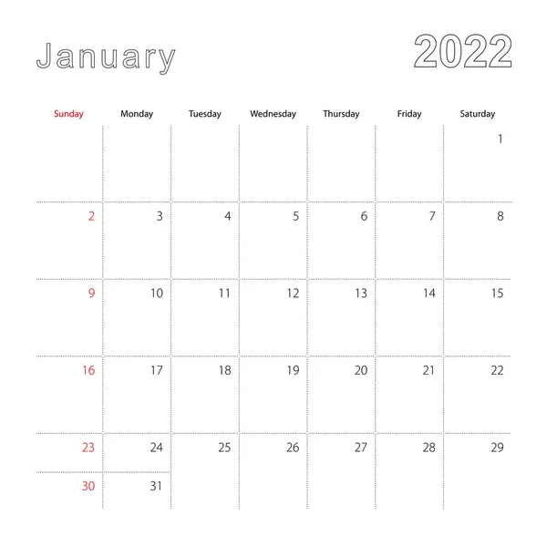 Calendario Pared Simple Para Enero 2022 Con Líneas Puntos Calendario — Archivo Imágenes Vectoriales