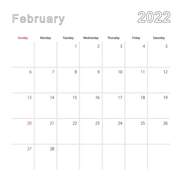 Enkel Väggkalender För Februari 2022 Med Streckade Linjer Kalendern Engelska — Stock vektor