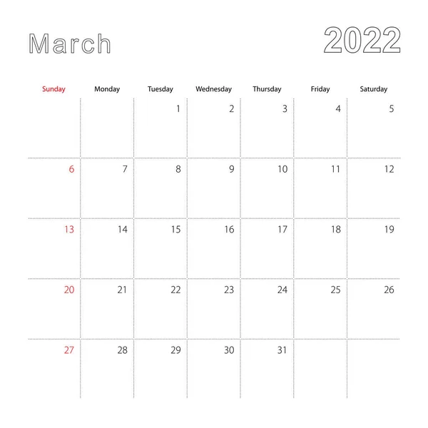 Calendario Pared Simple Para Marzo 2022 Con Líneas Puntos Calendario — Archivo Imágenes Vectoriales