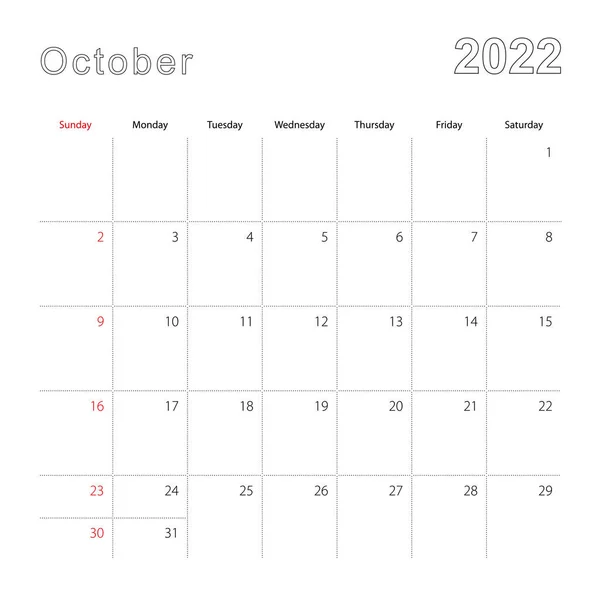 Einfacher Wandkalender Für Oktober 2022 Mit Gestrichelten Linien Der Kalender — Stockvektor