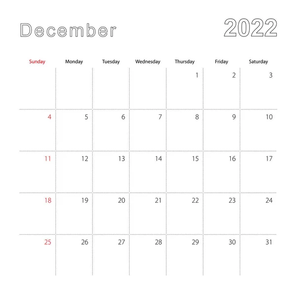 点線で2022年12月のシンプルな壁のカレンダー カレンダーは英語で 週は日曜日から始まります — ストックベクタ