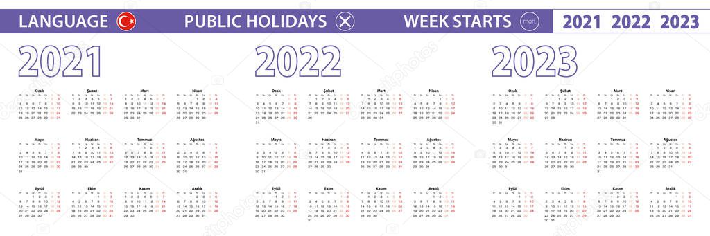 Simple calendar template in Turkish for 2021, 2022, 2023 years. Week starts from Monday.