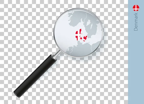 Dänemark Karte Mit Flagge Lupe Auf Transparentem Hintergrund — Stockvektor