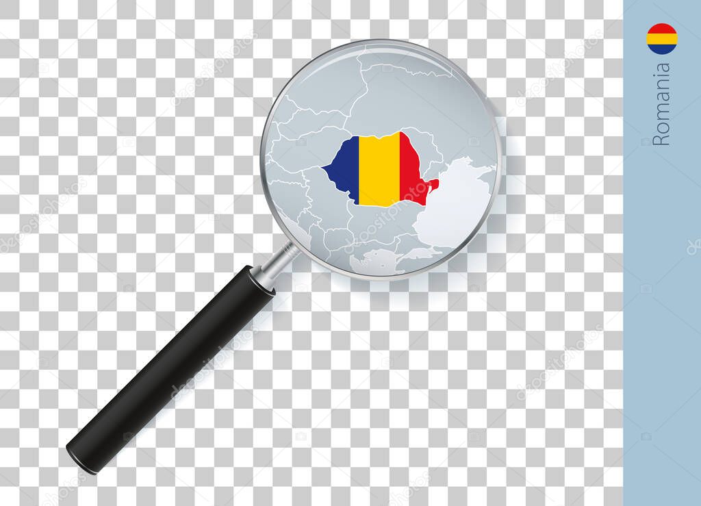 Romania map with flag in magnifying glass on transparent background.