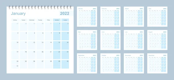 2022 Planer Ścienny Niebieskim Pastelowym Kolorze Tydzień Zaczyna Się Poniedziałek — Wektor stockowy