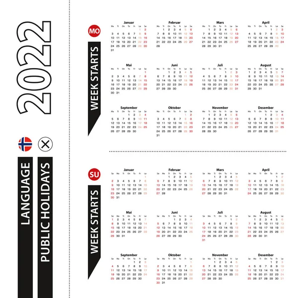 Dwie Wersje Kalendarza 2022 Języku Norweskim Tydzień Zaczyna Się Poniedziałku — Wektor stockowy