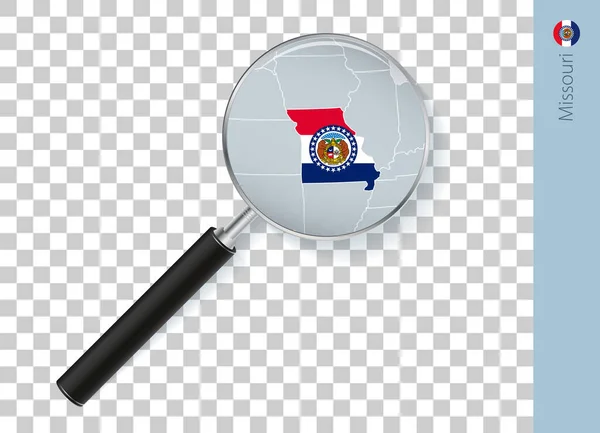Mapa Missouri Flagą Szkle Powiększającym Przezroczystym Tle — Wektor stockowy
