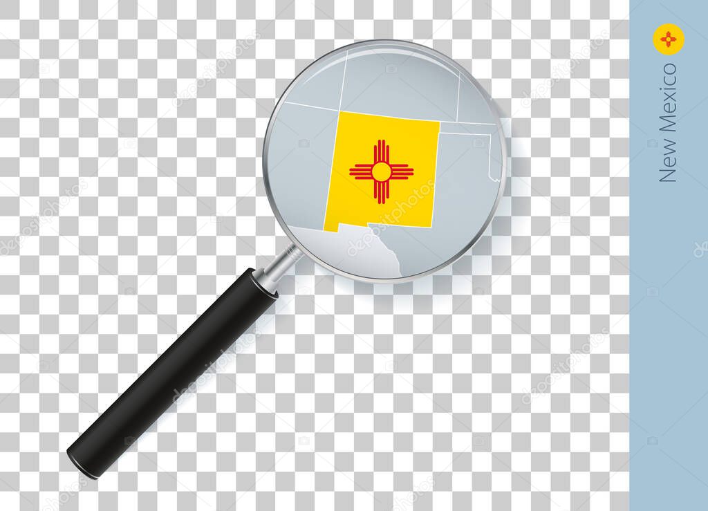 New Mexico map with flag in magnifying glass on transparent background.