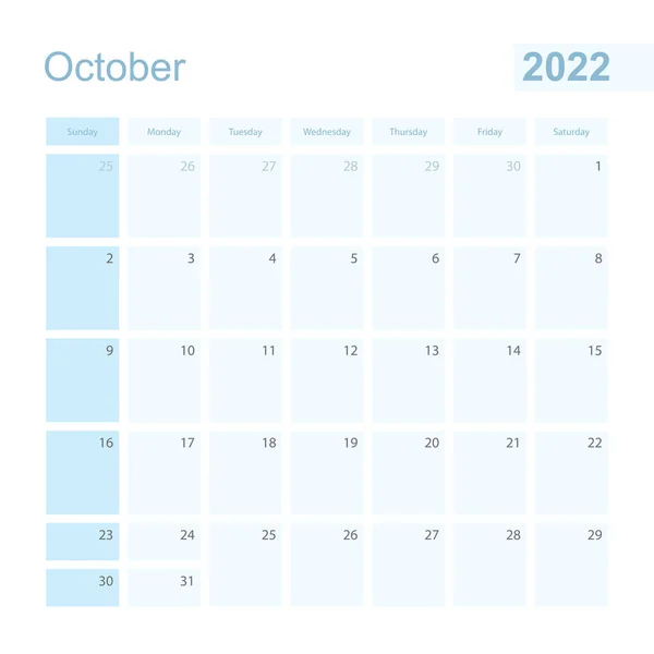 2022 Οκτώβριος Σχεδιασμός Τοίχου Μπλε Χρώμα Εβδομάδα Ξεκινά Την Κυριακή — Διανυσματικό Αρχείο
