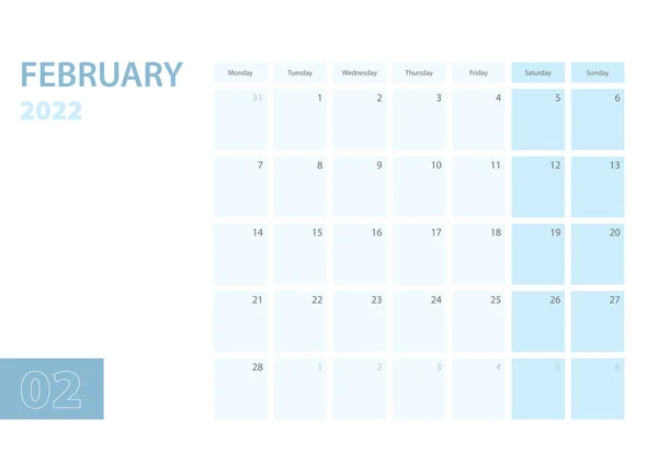 Şubat 2022 Takvim Şablonu Hafta Pazartesi Başlıyor Takvim Mavi Renk — Stok Vektör