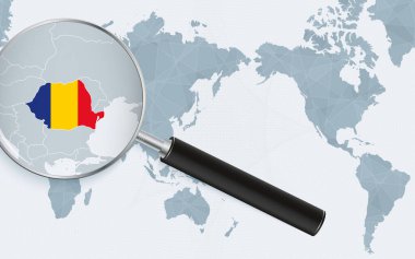 Asya merkezli dünya haritasında Romanya 'ya büyüteç takılmış. Romanya haritasına Pasifik merkezli Dünya Haritasına odaklan.